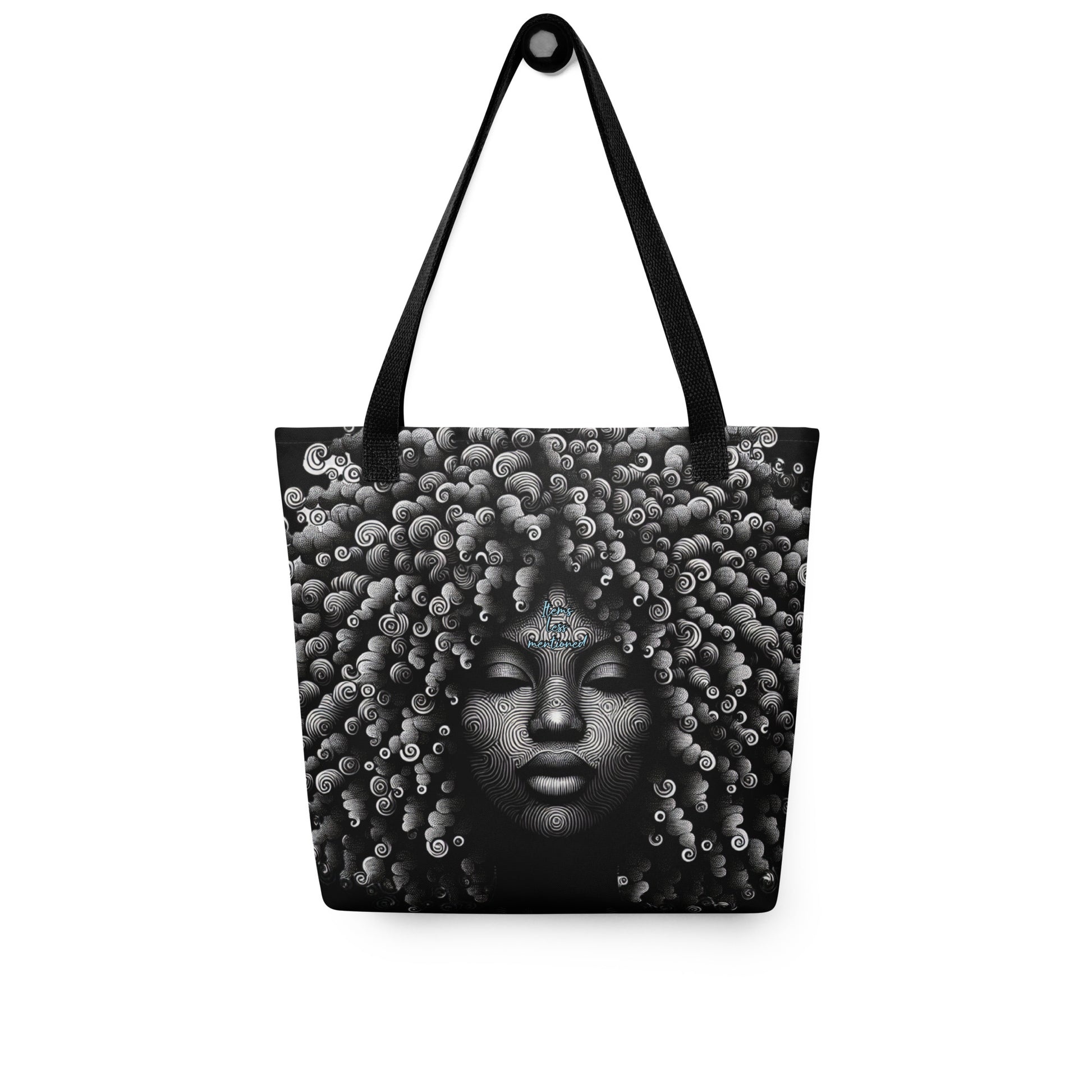 Tote Bag – Curly Girl featuring a detailed black and white artistic portrait of a woman with curly hair, designed for stylish, purpose-driven fashion and accessories.