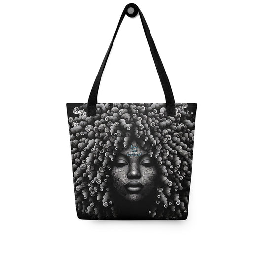 Tote Bag – Curly Girl featuring a detailed black and white artistic portrait of a woman with curly hair, designed for stylish, purpose-driven fashion and accessories.