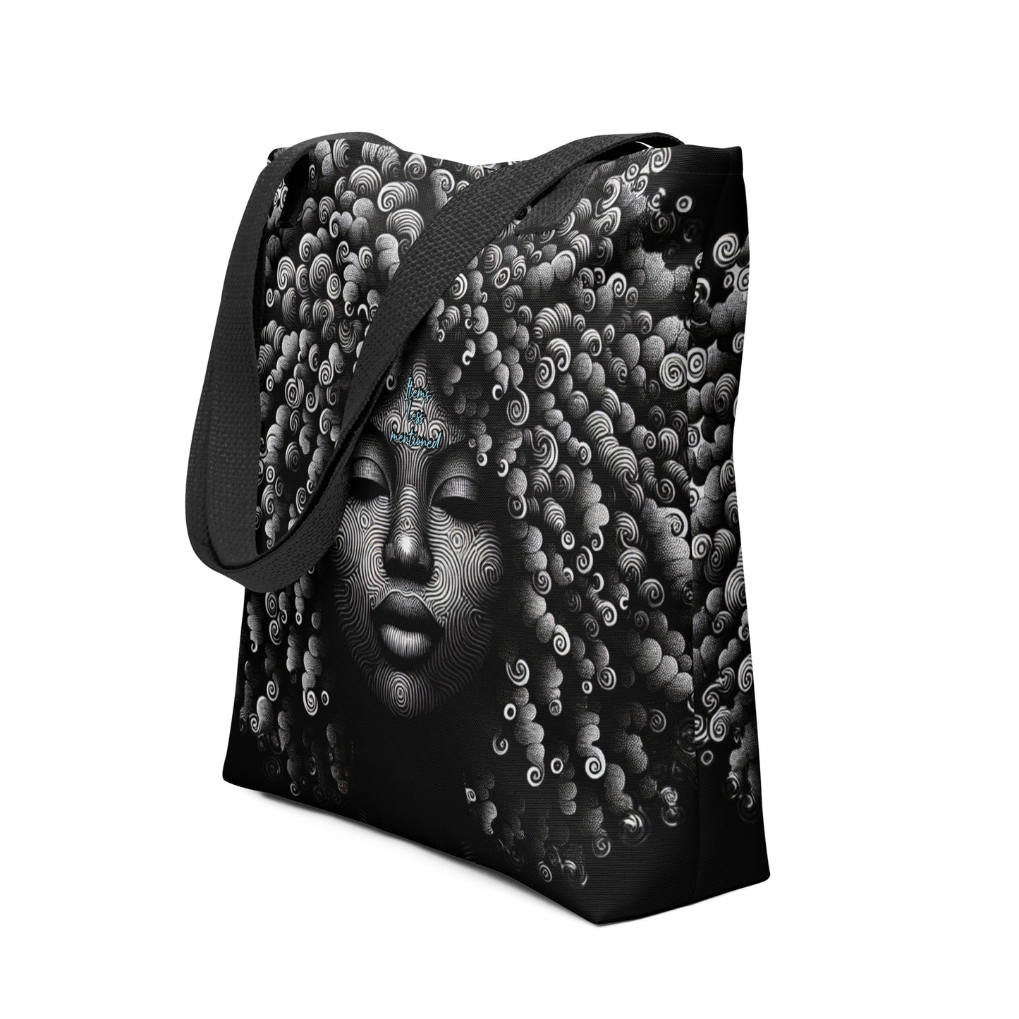 Tote Bag – Curly Girl featuring a detailed black and white artistic portrait of a woman with intricate curly hair patterns and subtle blue accents on the forehead, stylish and expressive tote bag design.