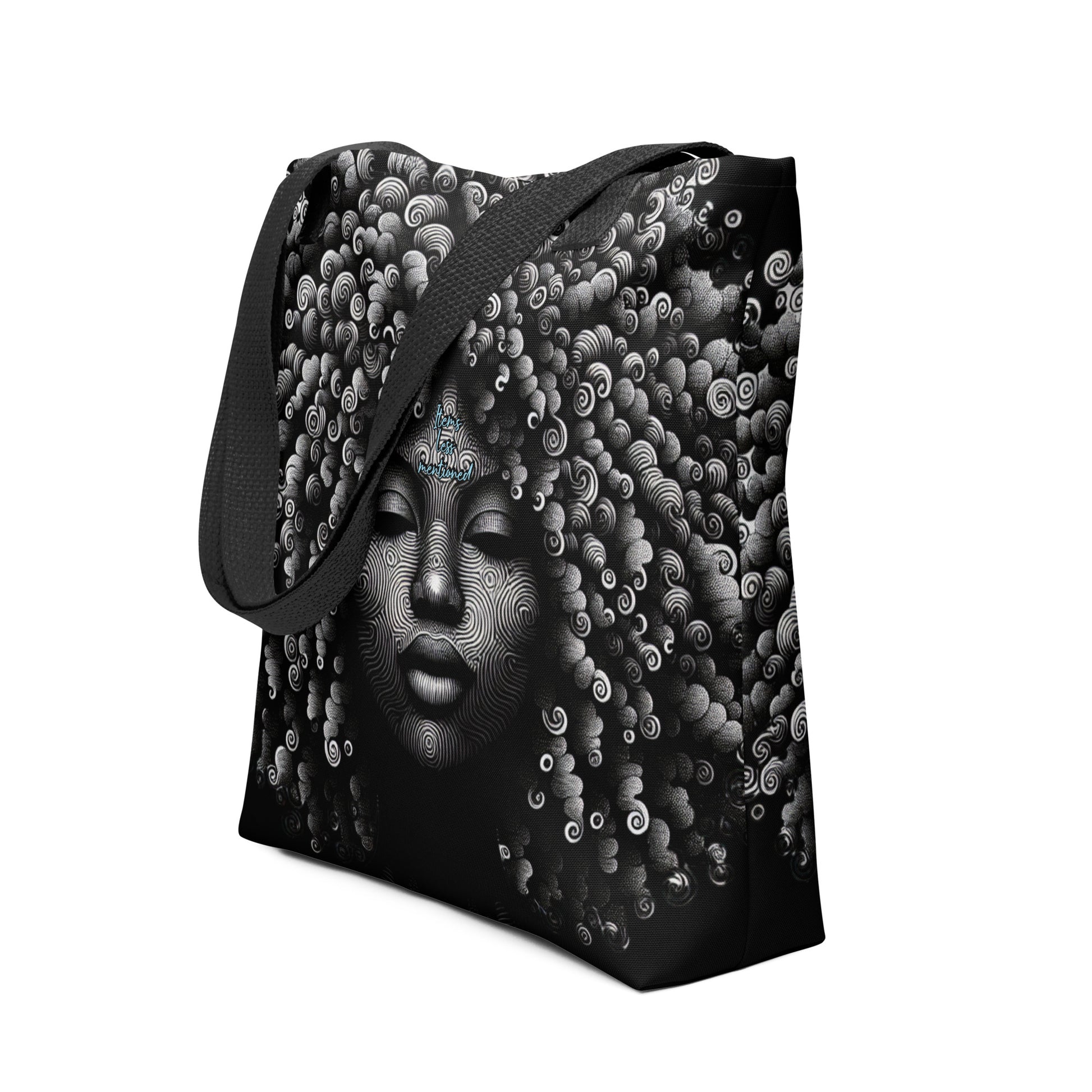 Tote Bag – Curly Girl featuring a detailed black and white artistic portrait of a woman with intricate curly hair patterns and subtle blue accents on the forehead, stylish and expressive tote bag design.