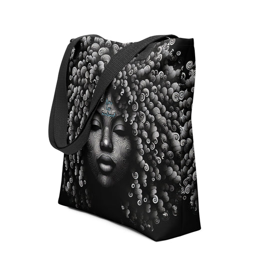 Tote Bag – Curly Girl featuring a detailed black and white artistic portrait of a woman with intricate curly hair patterns and subtle blue accents on the forehead, stylish and expressive tote bag design.