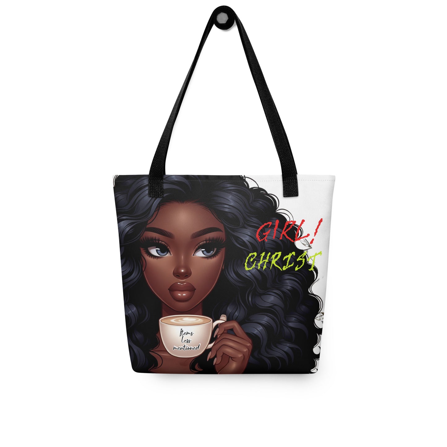 Tote Bag – Girl! God featuring a stylish Black woman with long curly hair holding a coffee cup with "Keep Love Nourished" text, faith-inspired design on a black and white background.