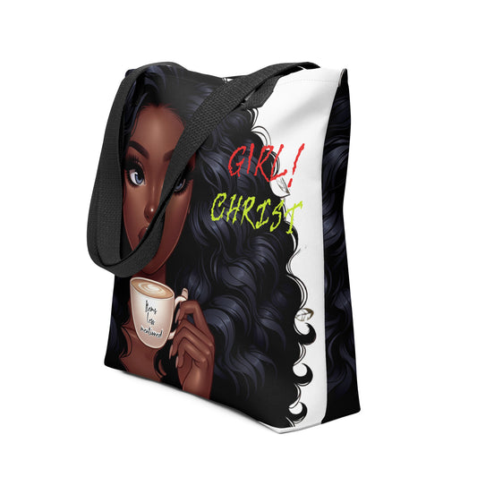 Tote Bag – Girl! God featuring a stylish illustration of a Black woman with voluminous hair holding a mug with faith-inspired text, blending melanin fashion and inspirational messaging.
