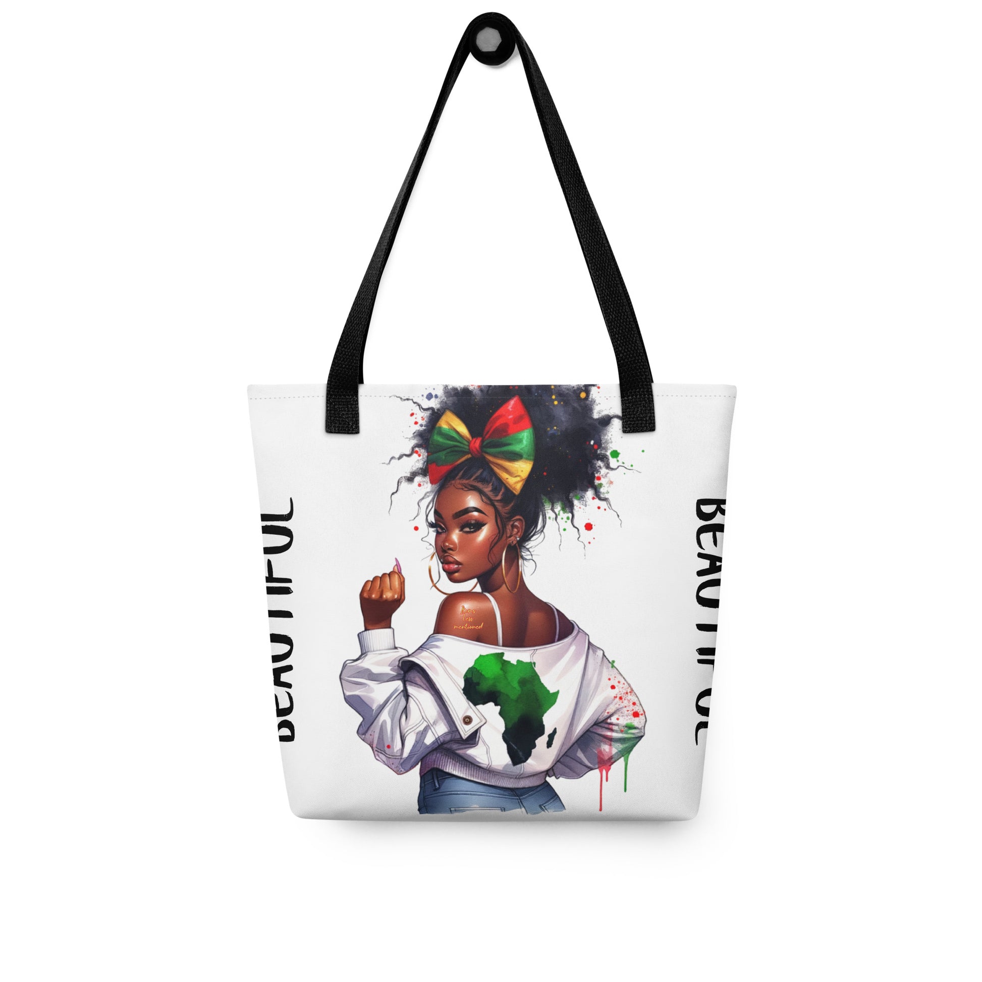 Tote Bag – Beautiful featuring an illustration of a confident Black woman with natural hair styled with a colorful bow and an Africa map design on her white jacket, surrounded by artistic paint splatters.