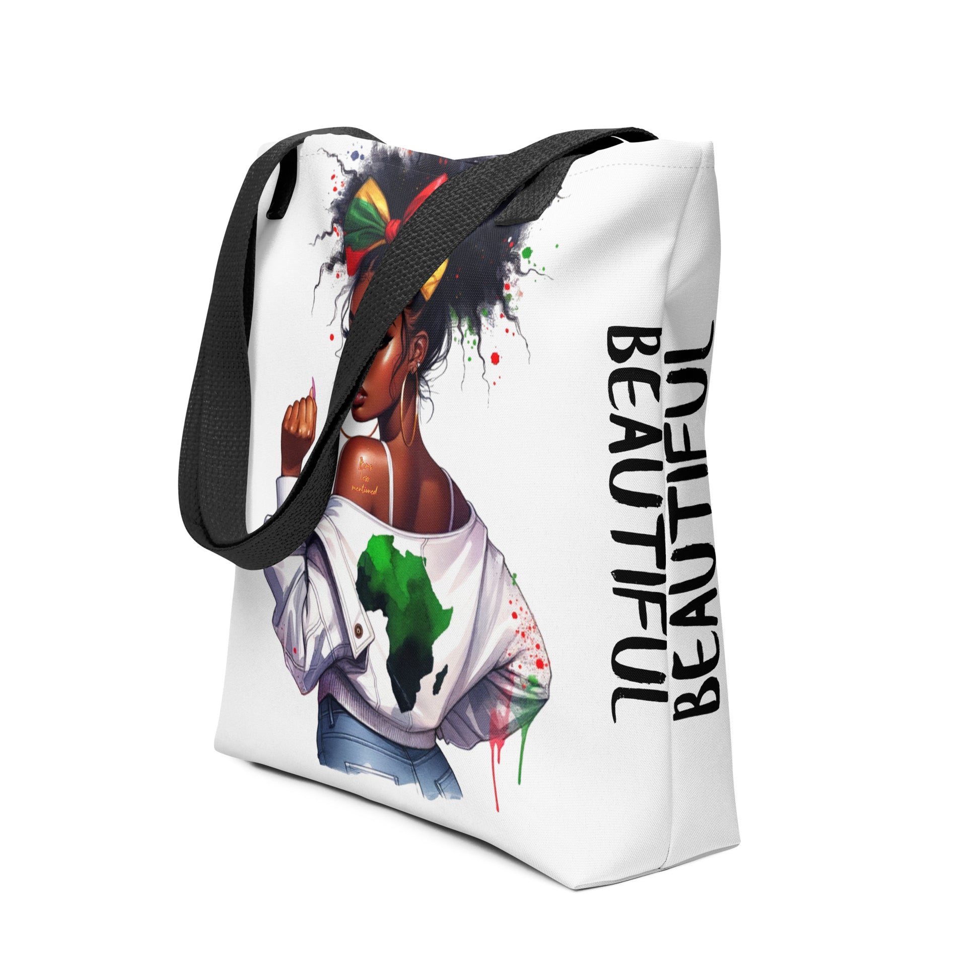 Stylish tote bag featuring a vibrant illustration of a woman with African-inspired hair and clothing, accented with the words Tote Bag – Beautiful on a white background.