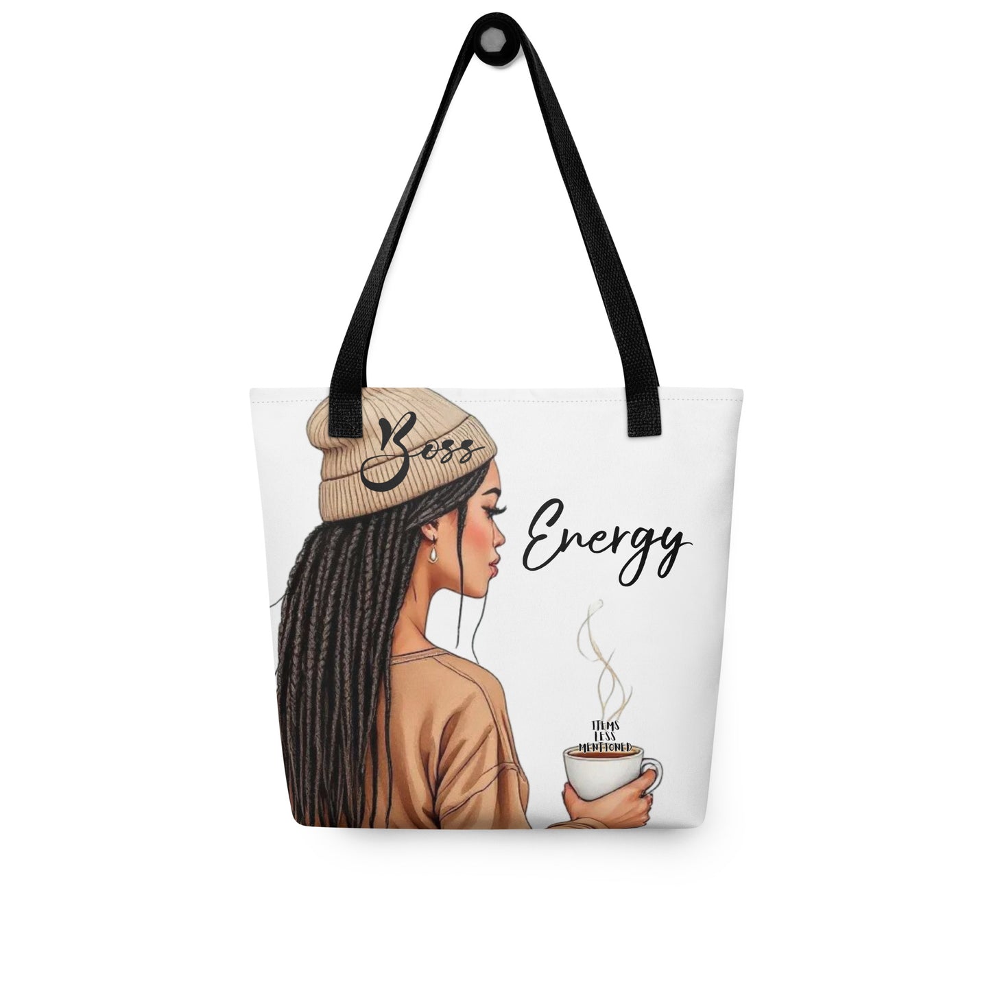 Tote Bag – Boss Energy featuring a stylish illustration of a woman with long braids wearing a beanie and holding a steaming cup, printed on a white tote bag with black handles.