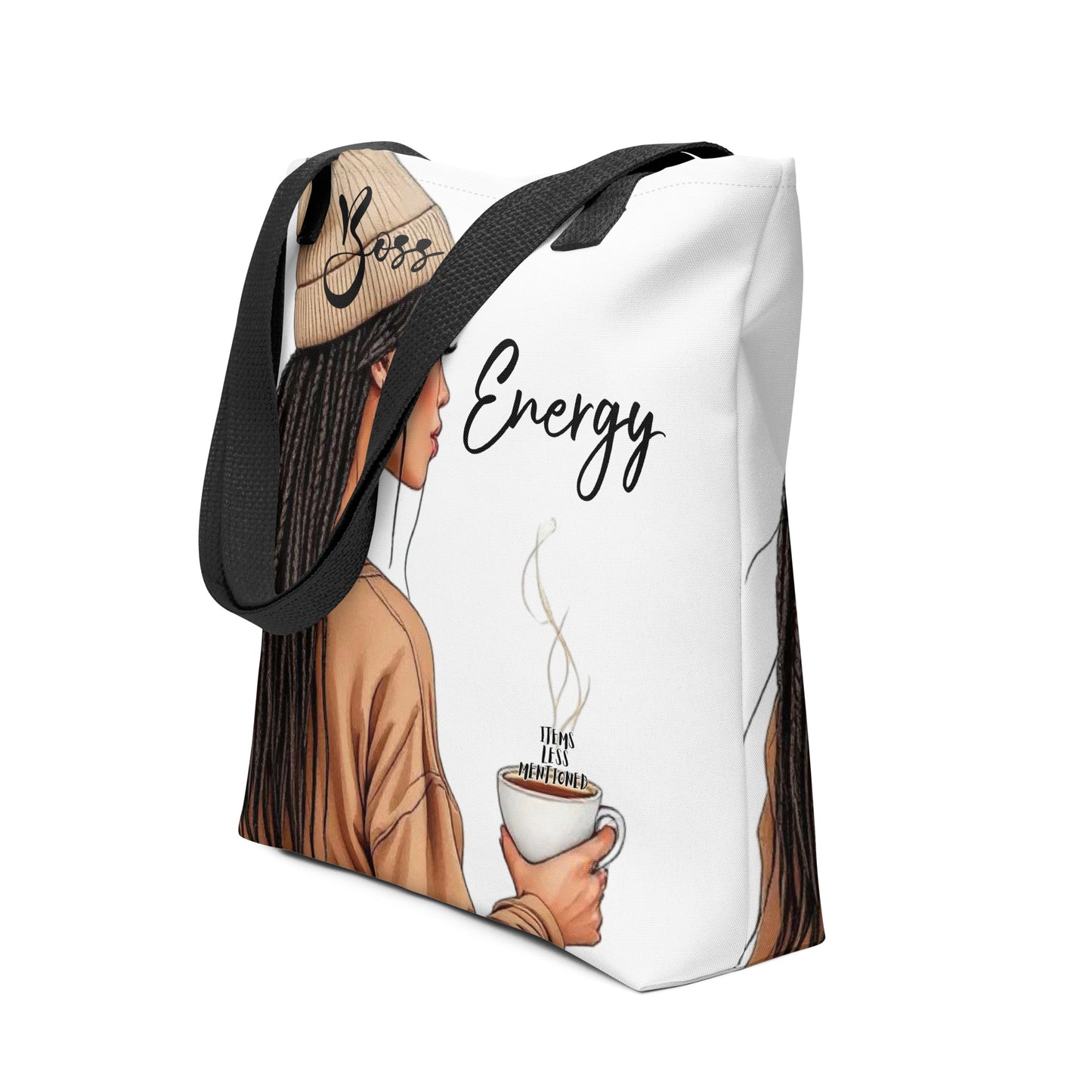 Tote Bag – Boss Energy featuring an illustrated Black woman with long braids wearing a beanie and holding a steaming cup with the phrase "Boss Energy" on a white background with black straps.