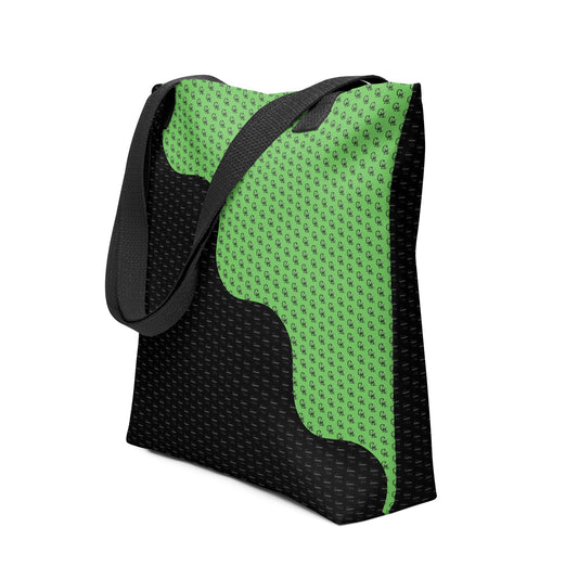A stylish Tote Bag – Steps featuring a black and vibrant green abstract pattern with small repeated motifs, designed for everyday use with comfortable black shoulder straps.