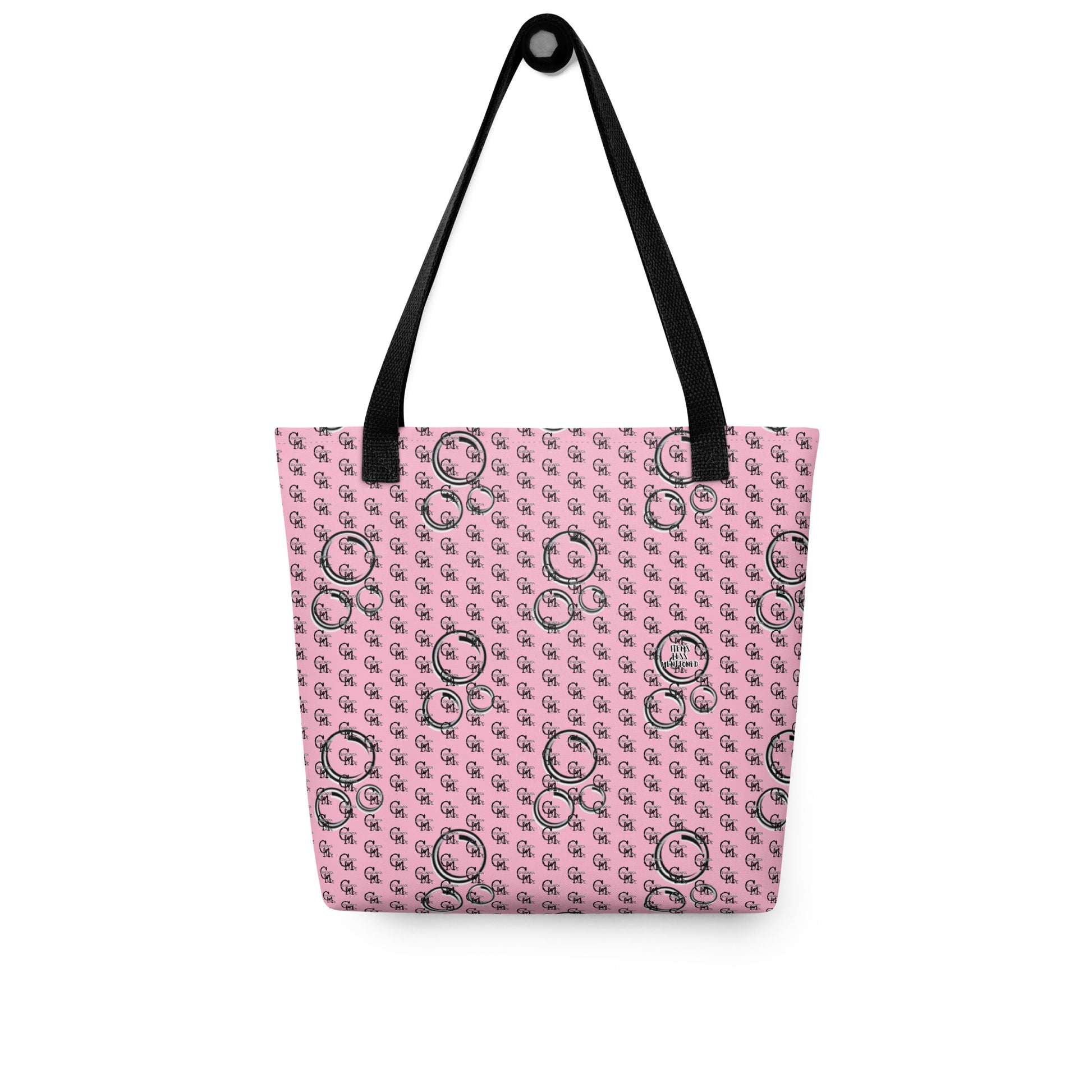 Pink tote bag with black bubble pattern and black straps, stylish and practical for everyday use, Bag – Bubbles.