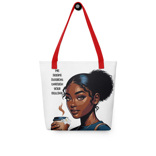 Tote Bag – Side Eye Queen featuring a confident Black woman with natural hair holding a coffee cup, with red handles and faith-inspired, purpose-driven messaging.