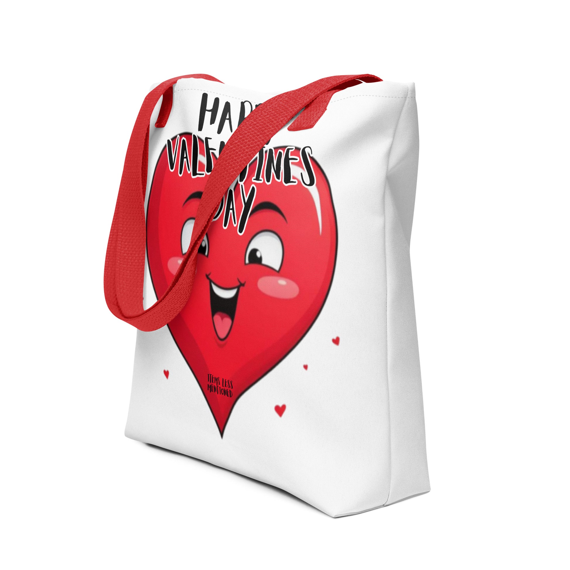 White Tote Bag – Happy Valentine featuring a cheerful red heart graphic with smiling face and red handles, embodying faith-inspired, purpose-driven messaging and melanin-rich imagery.