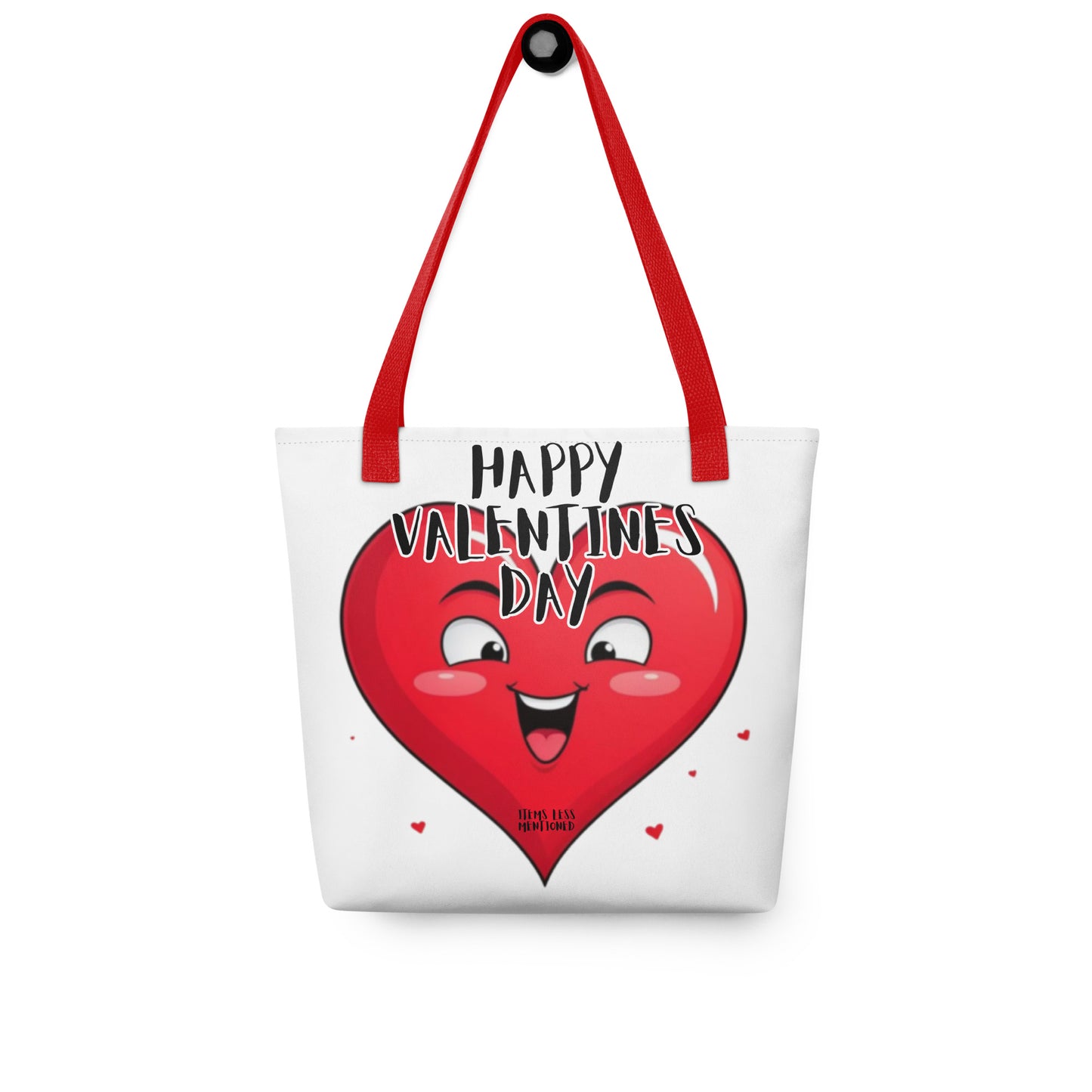 Tote Bag – Happy Valentine featuring a cheerful red heart character with "Happy Valentines Day" text, red handles, and faith-inspired, purpose-driven messaging.