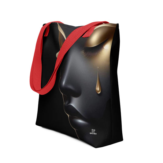 Tote Bag – Still She Rises featuring a striking melanin-rich profile with gold tear detail and red straps, blending faith-inspired design with purpose-driven messaging.