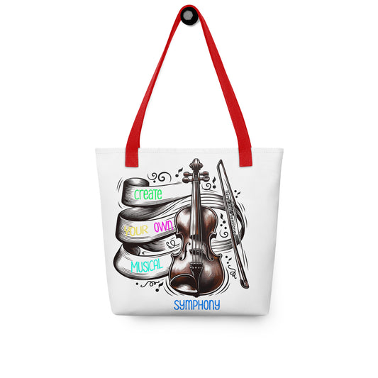 White tote bag with red handles featuring an artistic violin and bow illustration with swirling musical notes and colorful text that says "Create Your Own Musical Symphony" on the Tote Bag – Create Your Own Musical Symphony.