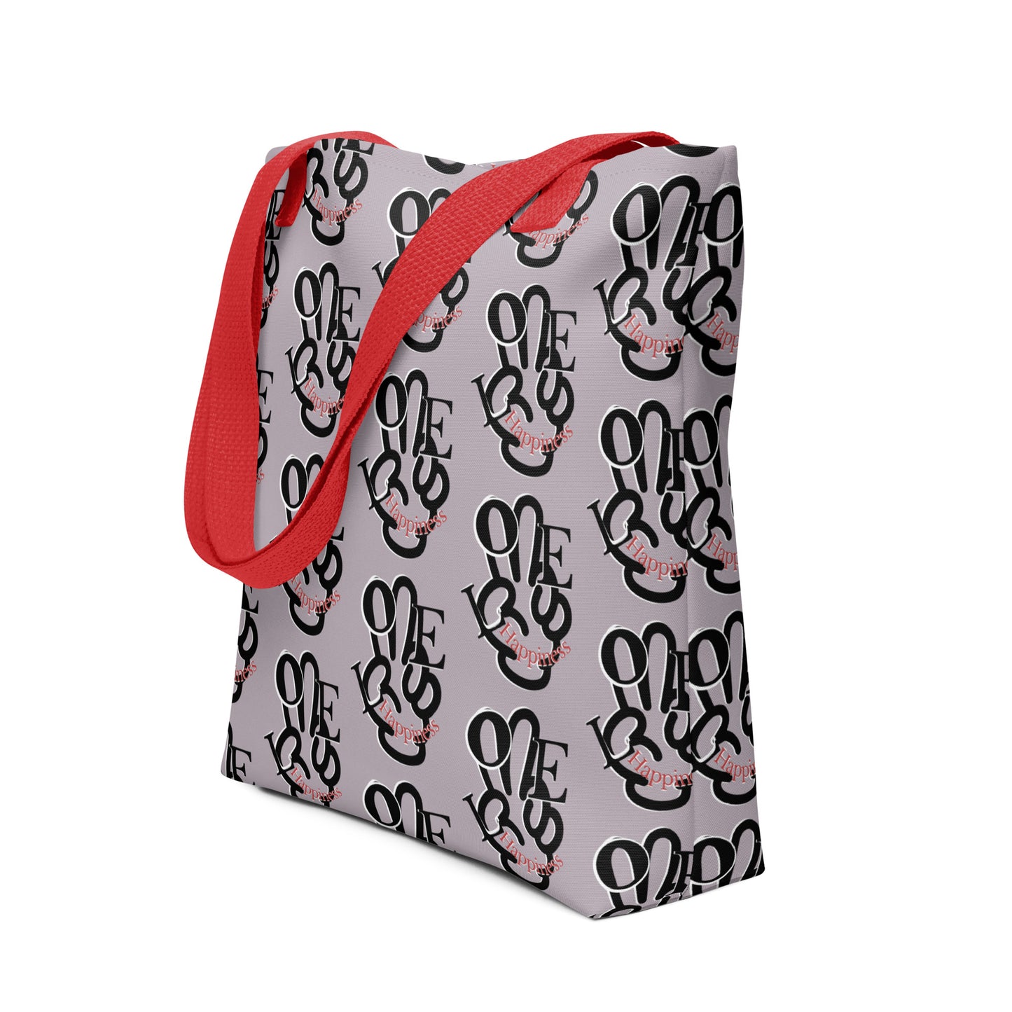 Tote Bag – One Love Peace Sign featuring a repeating black and red "One Love" graphic pattern with bold red straps, a stylish faith-inspired print-on-demand tote bag.
