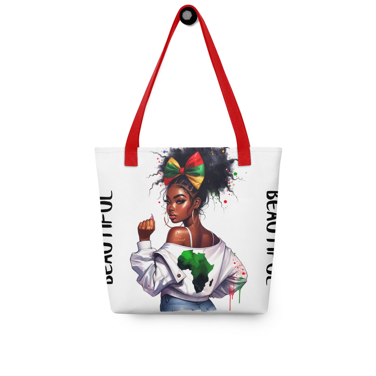 Tote Bag – Beautiful featuring a stylish Black woman with a colorful headwrap and an Africa-shaped design on her jacket, with bold red handles and inspirational text.