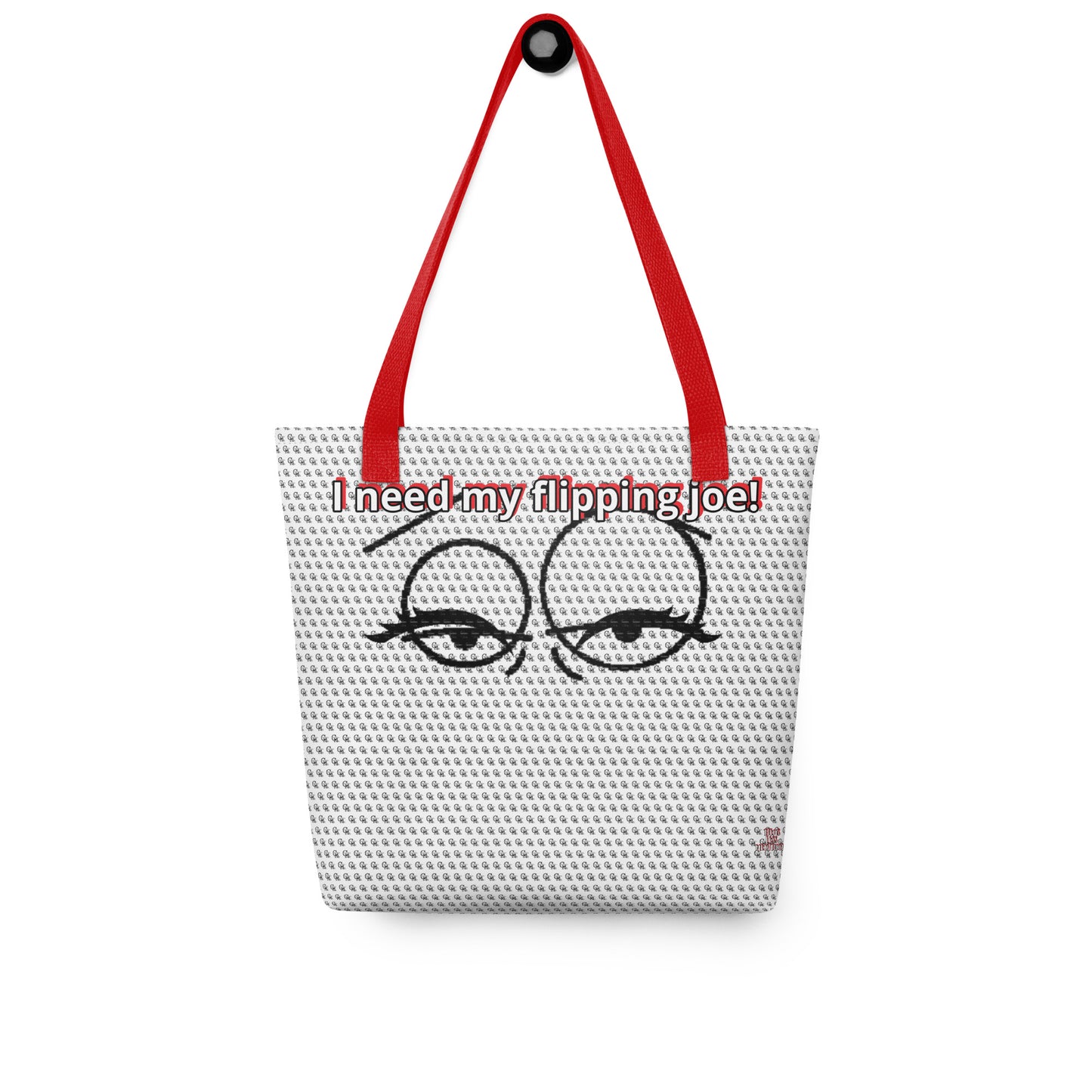 Bag – I Need My Flipping Joe tote bag featuring a playful sleepy eyes design and bold red text on a white textured background with vibrant red handles.