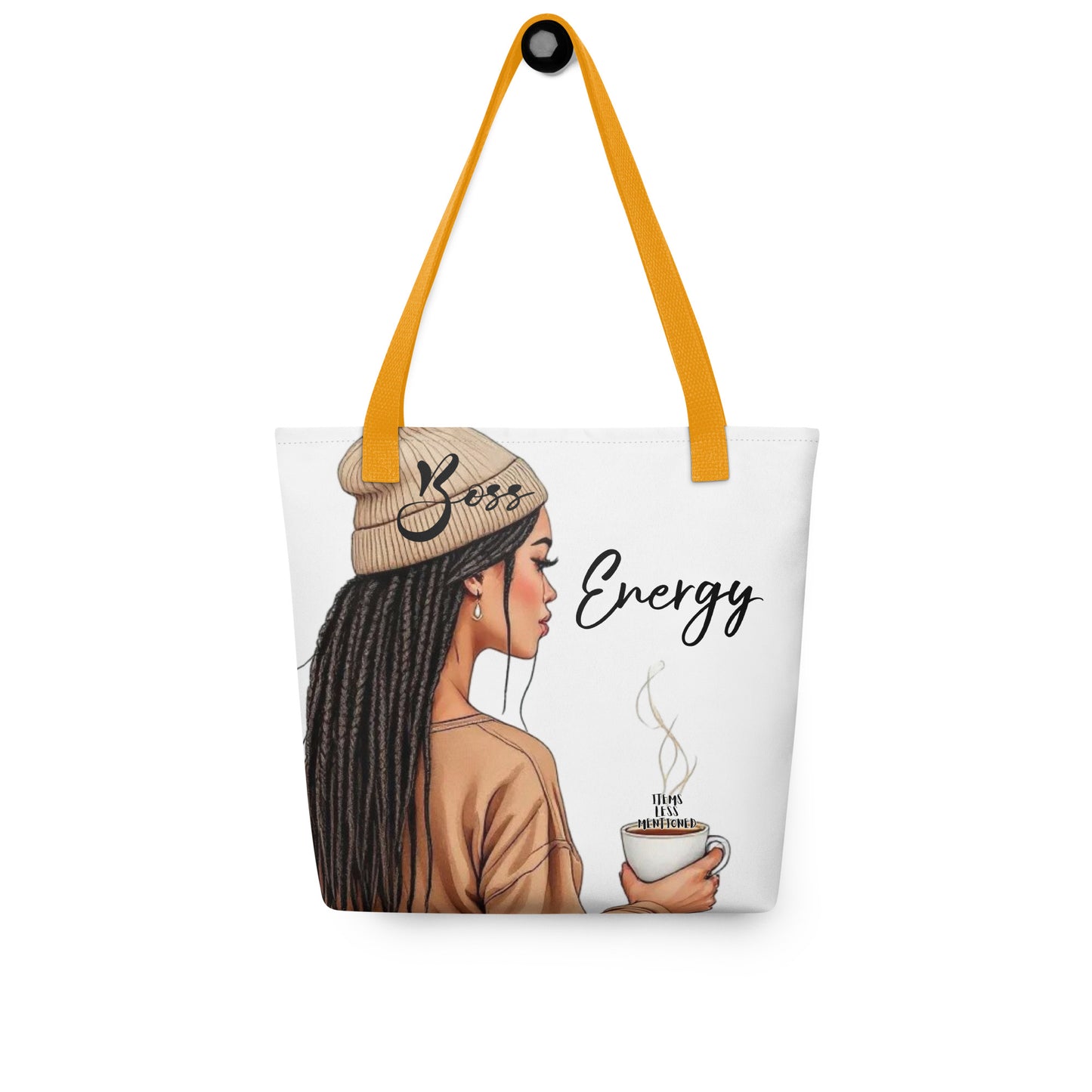 Tote Bag – Boss Energy featuring a stylish woman with long braided hair wearing a beanie and holding a steaming mug, designed with vibrant yellow handles and inspirational artwork.