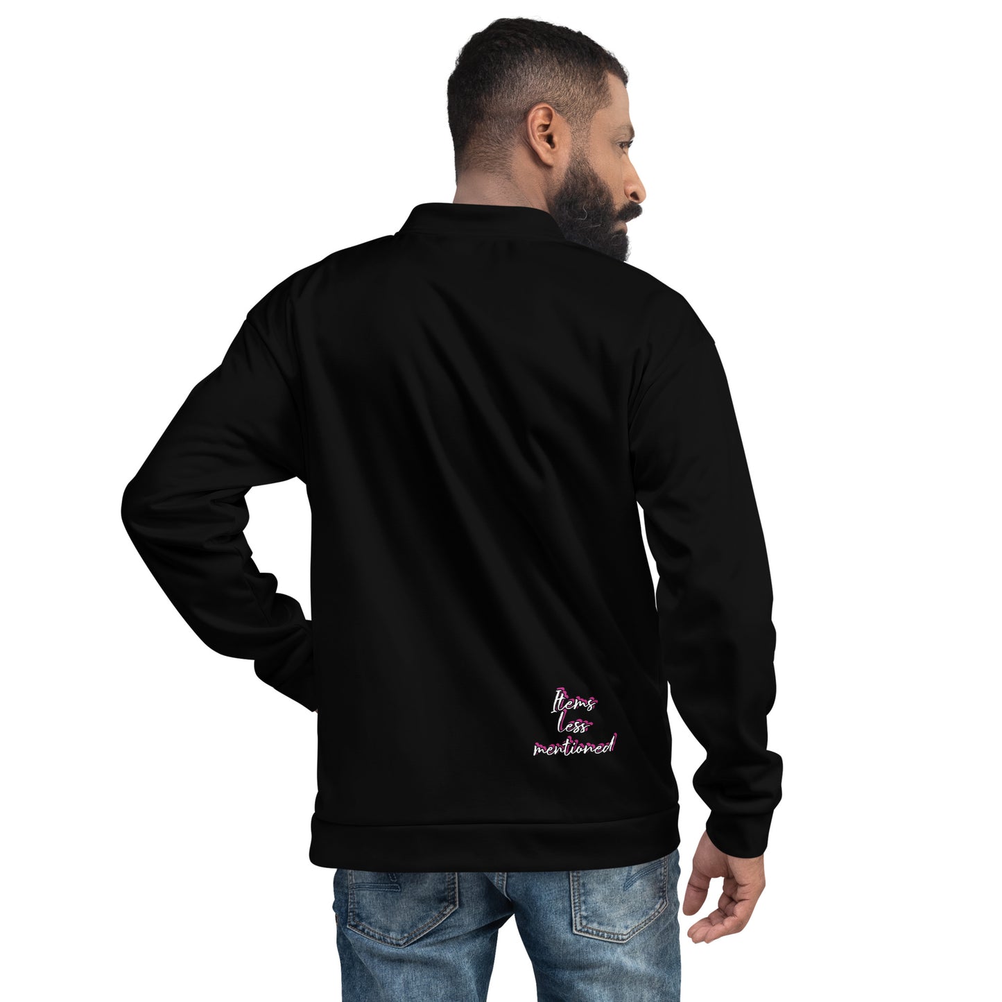 Man wearing a black Live Life to the Fullest Unisex Bomber Jacket shown from the back, featuring a simple design with a small color logo near the hem and paired with blue jeans.