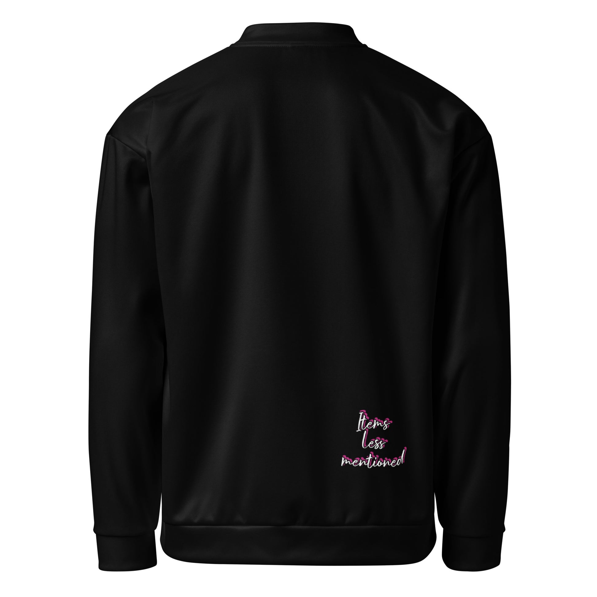 Live Life to the Fullest Unisex Bomber Jacket in black with a subtle "Items Less Mentioned" text detail on the back, featuring a sleek and minimalist design.