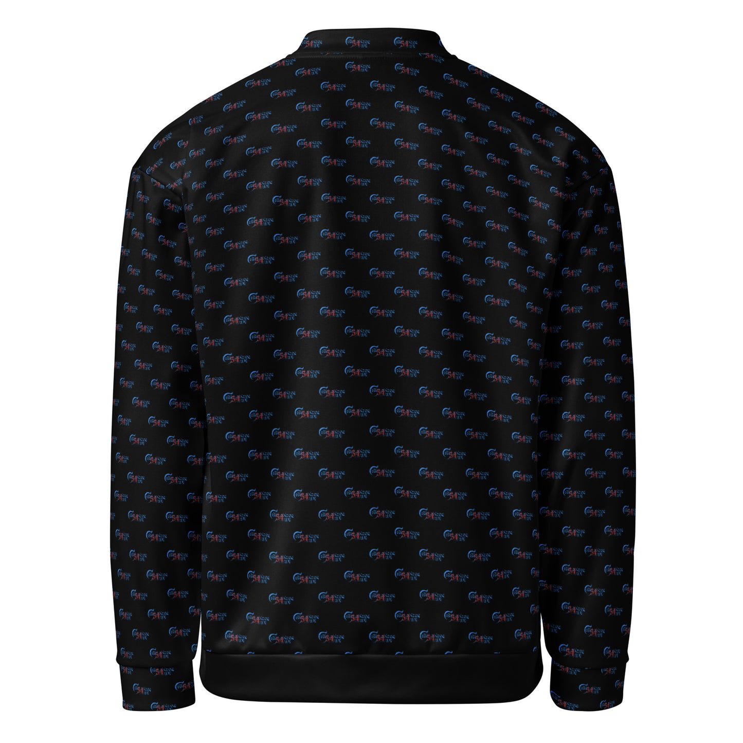 Back view of Melanin Made Unisex Bomber Jacket featuring an all-over black print with small color-accented patterns, designed for stylish melanin fashion and purpose-driven apparel.