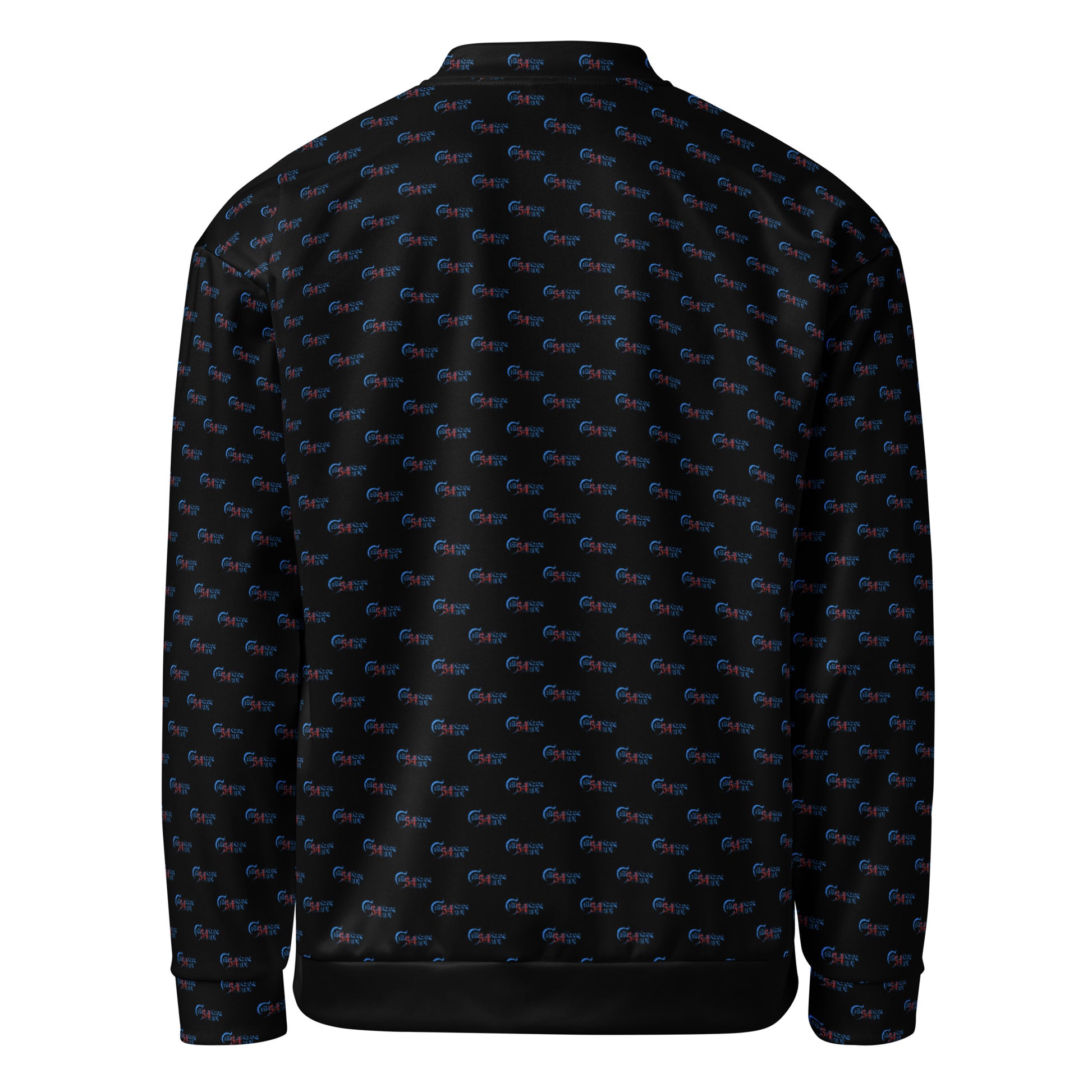 Back view of Melanin Made Unisex Bomber Jacket featuring an all-over black print with small color-accented patterns, designed for stylish melanin fashion and purpose-driven apparel.