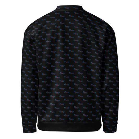 Back view of Melanin Made Unisex Bomber Jacket featuring an all-over black print with small color-accented patterns, designed for stylish melanin fashion and purpose-driven apparel.