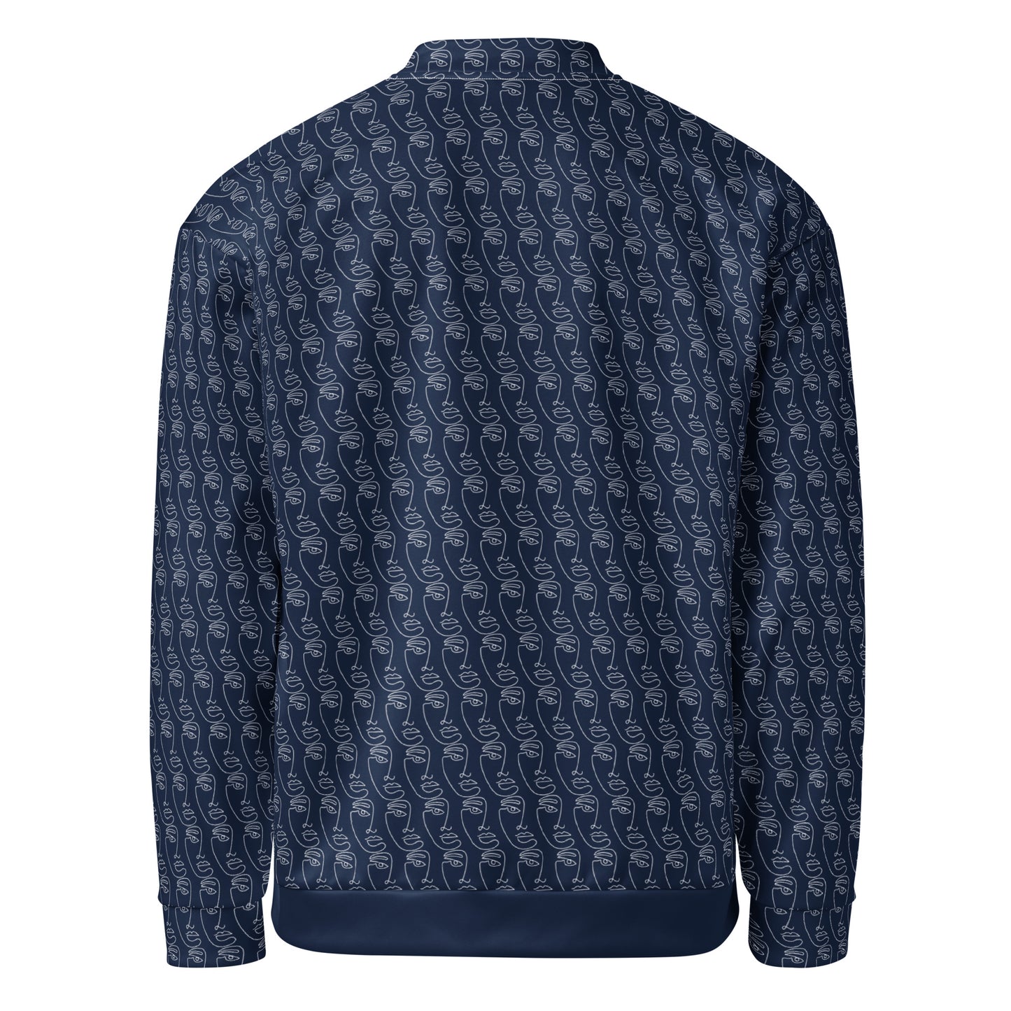 Back view of the Ancestral Faces Unisex Bomber Jacket in navy blue featuring a subtle all-over pattern of stylized ancestral face designs, showcasing unique melanin-rich inspired apparel.