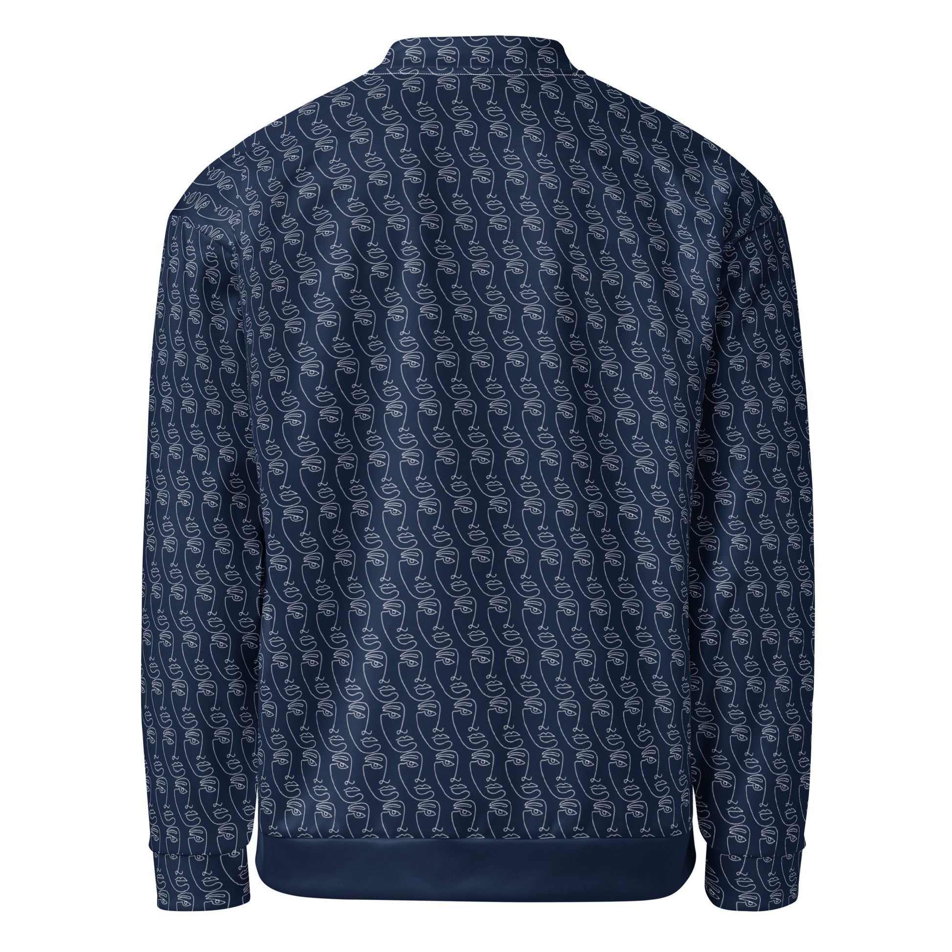 Back view of the Ancestral Faces Unisex Bomber Jacket in navy blue featuring a subtle all-over pattern of stylized ancestral face designs, showcasing unique melanin-rich inspired apparel.
