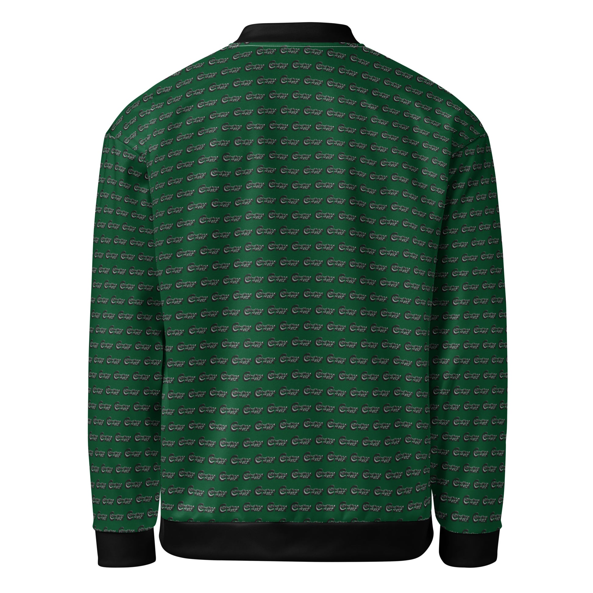 Back view of Melanin Made Green Unisex Bomber Jacket featuring an all-over dark green pattern with black collar, cuffs, and waistband, blending melanin fashion with streetwear style.