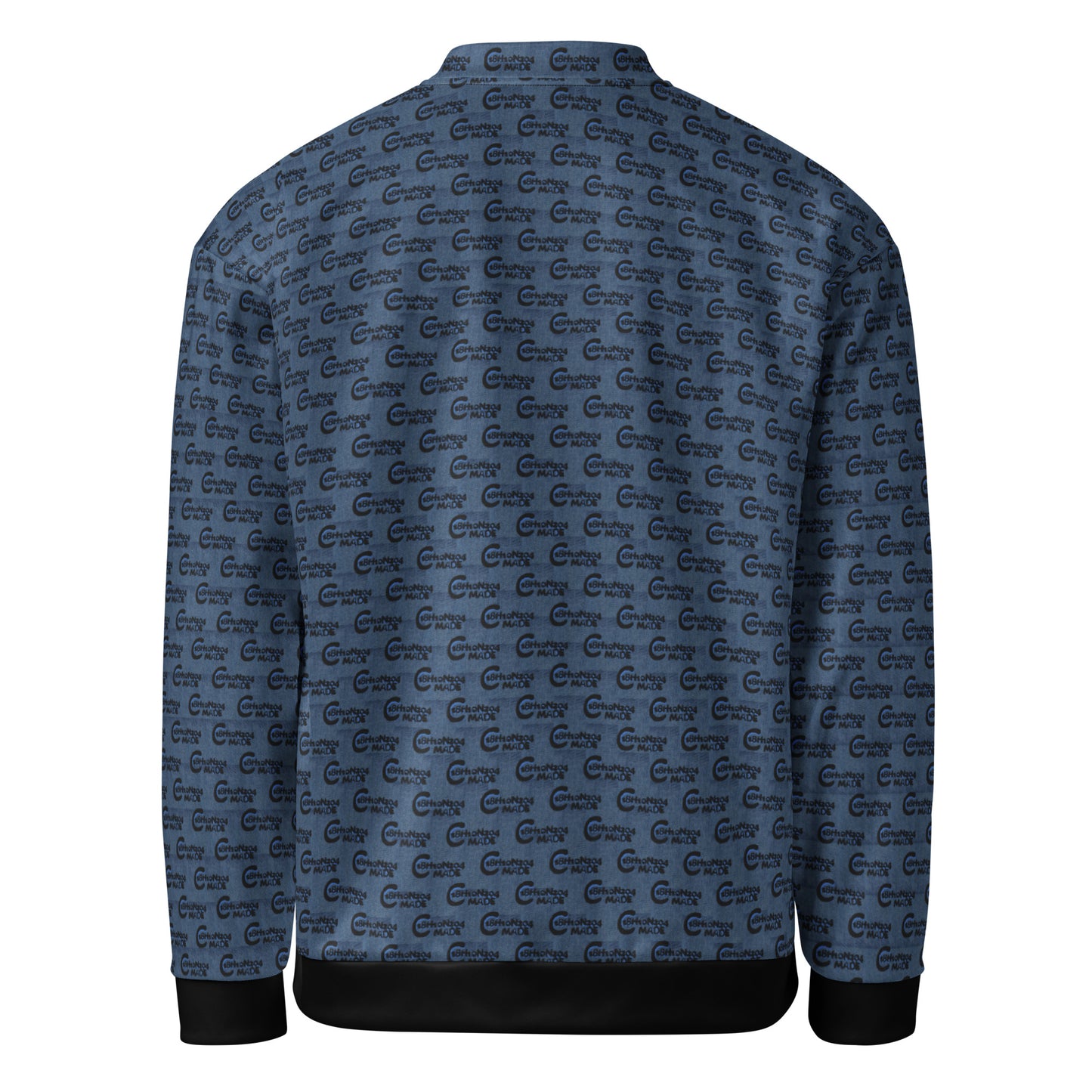Back view of Melanin Made Steel Blue Unisex Bomber Jacket with repeating subtle logo pattern, ribbed black cuffs and waistband, stylish and comfortable apparel for melanin fashion enthusiasts.
