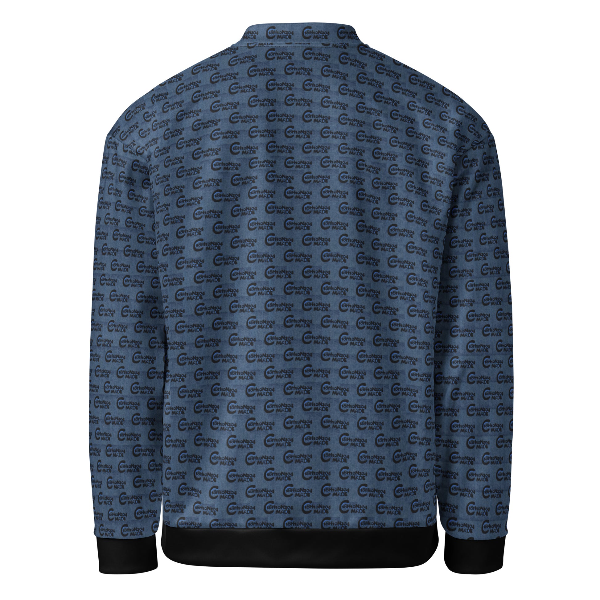 Back view of Melanin Made Steel Blue Unisex Bomber Jacket with repeating subtle logo pattern, ribbed black cuffs and waistband, stylish and comfortable apparel for melanin fashion enthusiasts.