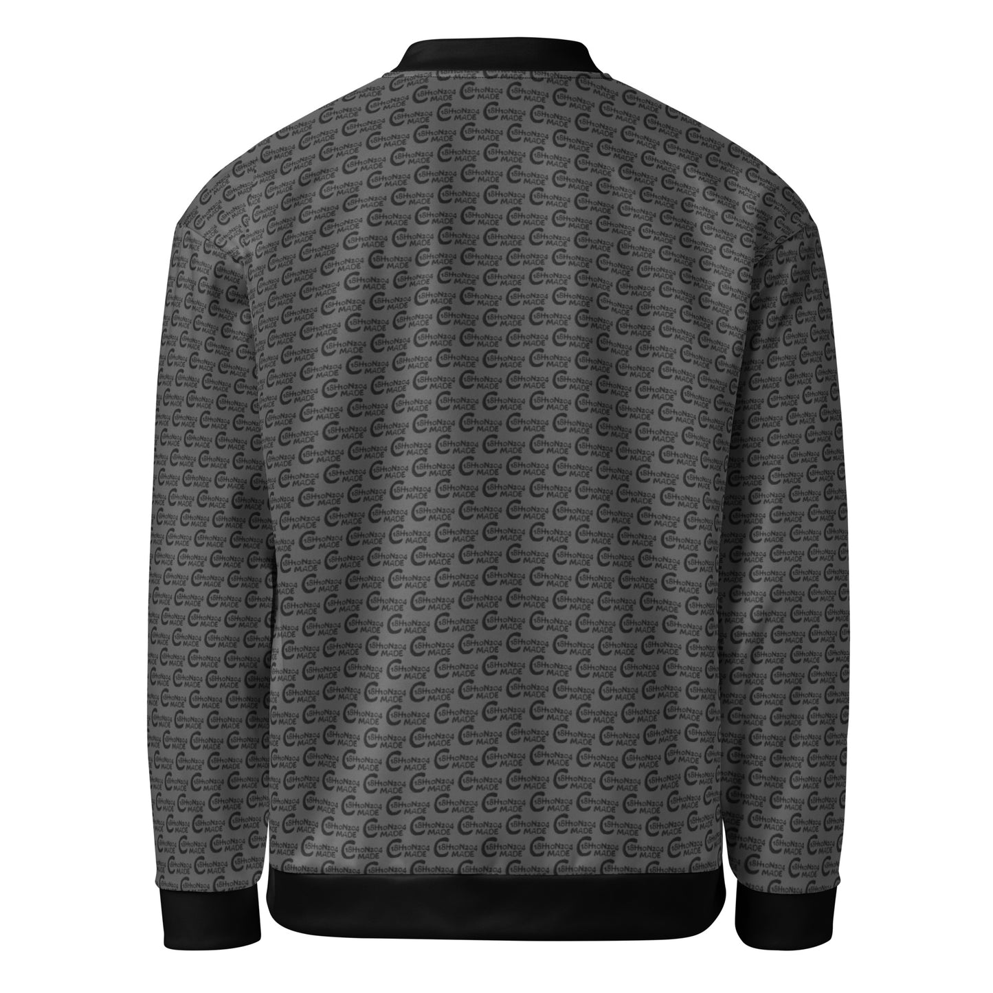 Back view of Melanin Made Steel Gray Unisex Bomber Jacket featuring an all-over subtle pattern, black ribbed cuffs, and waistband, combining style and comfort in melanin fashion apparel.