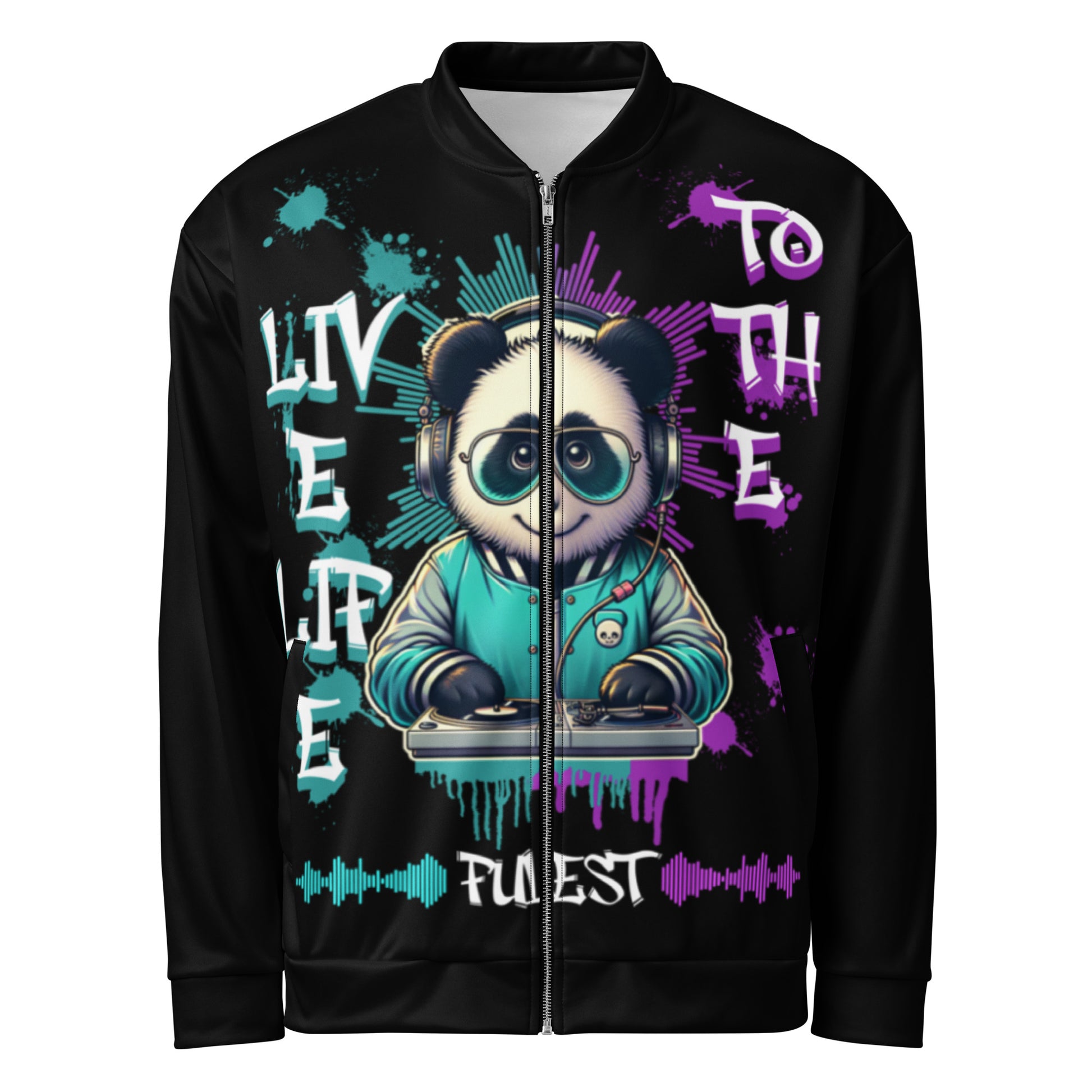 Live Life to the Fullest Unisex Bomber Jacket featuring a cool panda DJ design with headphones and turntables in vibrant teal and purple colors on a black background.