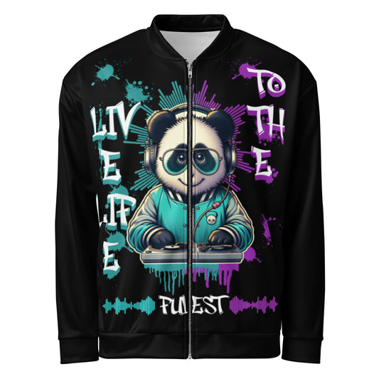 Live Life to the Fullest Unisex Bomber Jacket featuring a cool panda DJ design with headphones and turntables in vibrant teal and purple colors on a black background.