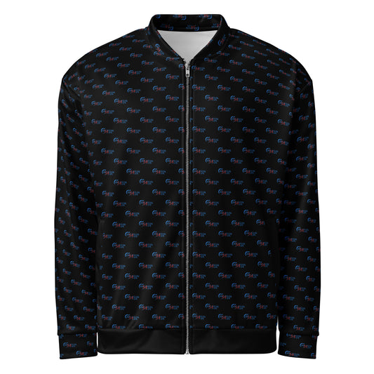 Melanin Made Unisex Bomber Jacket featuring an all-over subtle patterned design on black fabric with a front zipper and a classic fit, ideal for melanin fashion enthusiasts.