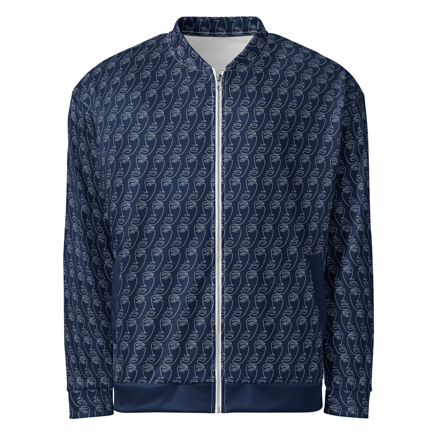 Ancestral Faces Unisex Bomber Jacket in dark blue featuring a subtle repeating pattern of abstract ancestral face designs, with a front zipper and ribbed collar, cuffs, and hem.