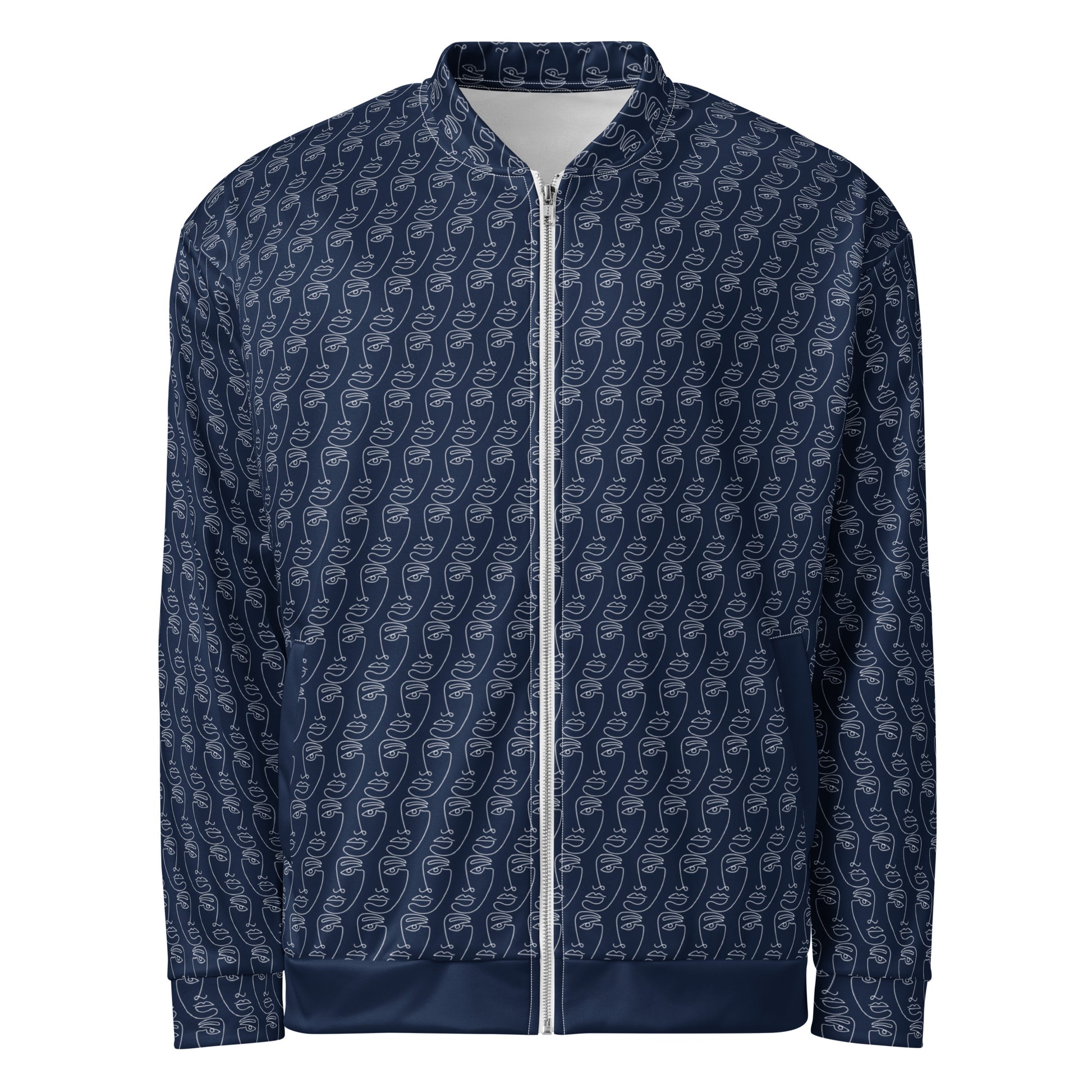 Ancestral Faces Unisex Bomber Jacket in dark blue featuring a subtle repeating pattern of abstract ancestral face designs, with a front zipper and ribbed collar, cuffs, and hem.