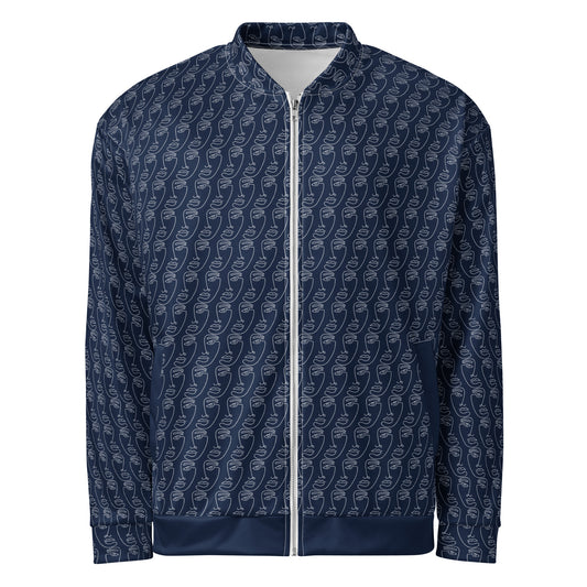 Ancestral Faces Unisex Bomber Jacket in dark blue featuring a subtle repeating pattern of abstract ancestral face designs, with a front zipper and ribbed collar, cuffs, and hem.