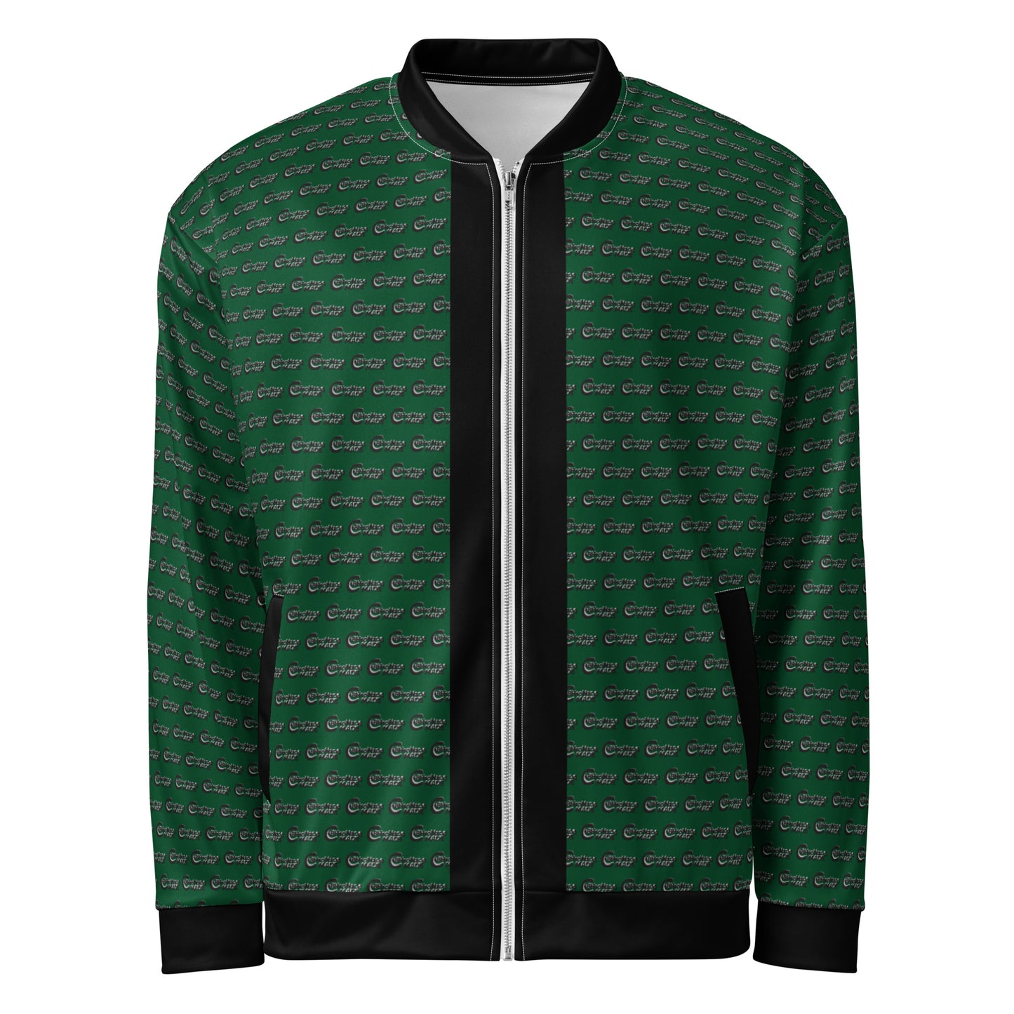 Melanin Made Green Unisex Bomber Jacket with a dark green background and subtle repeating pattern, featuring black collar, cuffs, and waistband for a sleek modern look.
