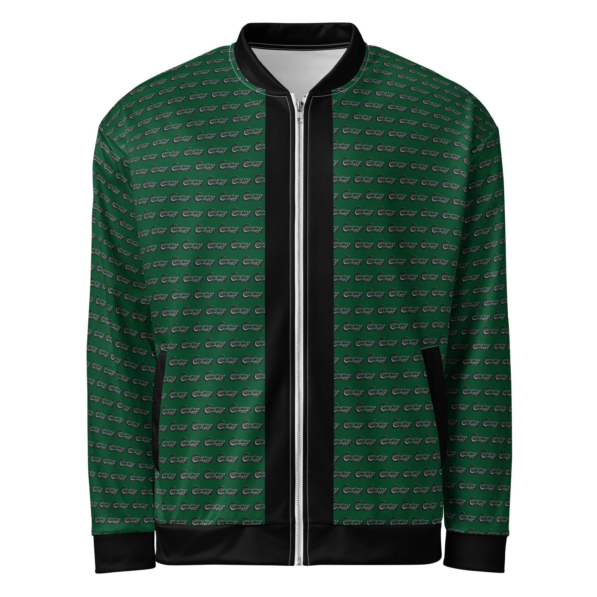 Melanin Made Green Unisex Bomber Jacket with a dark green background and subtle repeating pattern, featuring black collar, cuffs, and waistband for a sleek modern look.