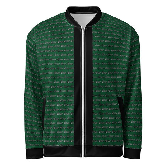 Melanin Made Green Unisex Bomber Jacket with a dark green background and subtle repeating pattern, featuring black collar, cuffs, and waistband for a sleek modern look.