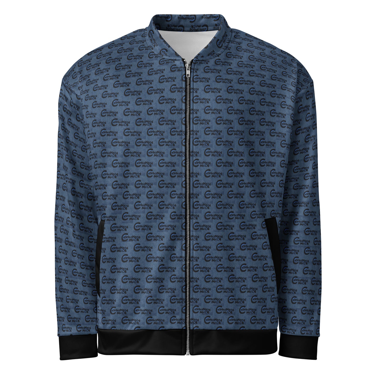 Melanin Made Steel Blue Unisex Bomber Jacket featuring an all-over subtle pattern, zip front, black ribbed cuffs and hem, designed as stylish melanin fashion apparel.