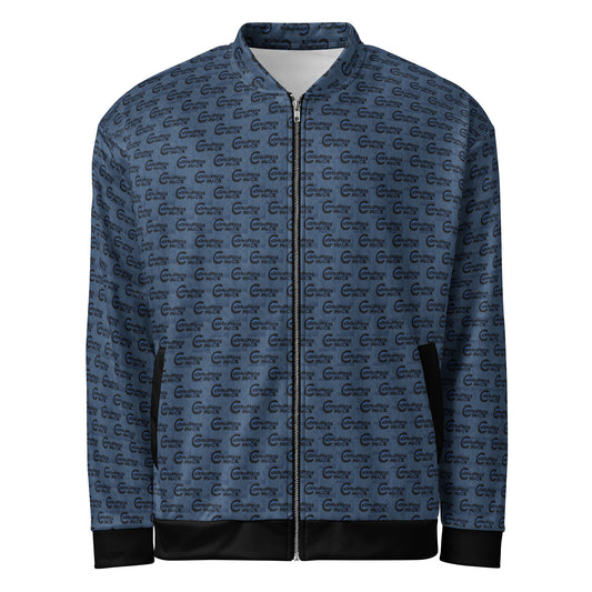 Melanin Made Steel Blue Unisex Bomber Jacket featuring an all-over subtle pattern, zip front, black ribbed cuffs and hem, designed as stylish melanin fashion apparel.
