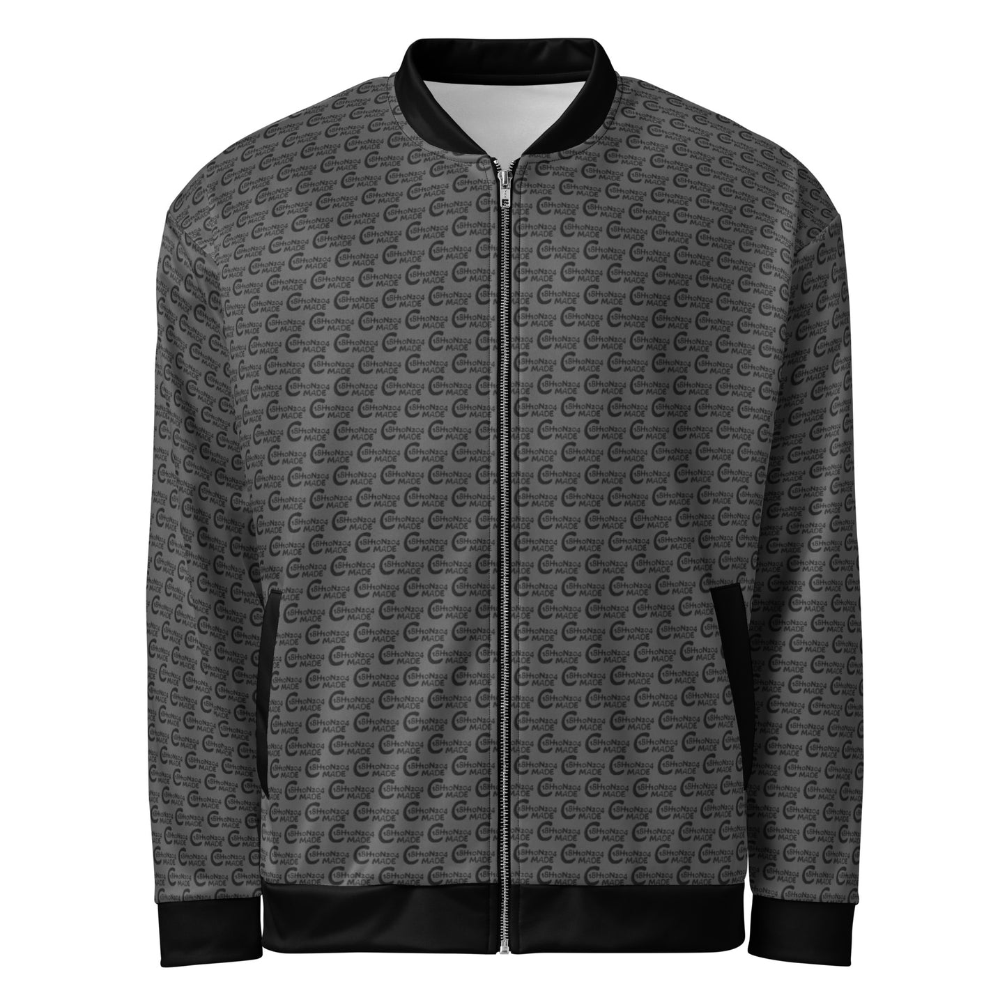 Melanin Made Steel Gray Unisex Bomber Jacket featuring a sleek all-over subtle pattern, black ribbed collar, cuffs, and hem, perfect for stylish melanin fashion.