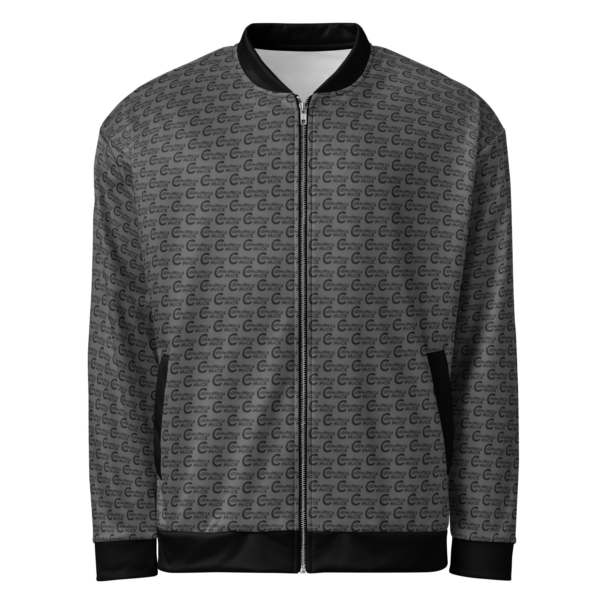 Melanin Made Steel Gray Unisex Bomber Jacket featuring a sleek all-over subtle pattern, black ribbed collar, cuffs, and hem, perfect for stylish melanin fashion.