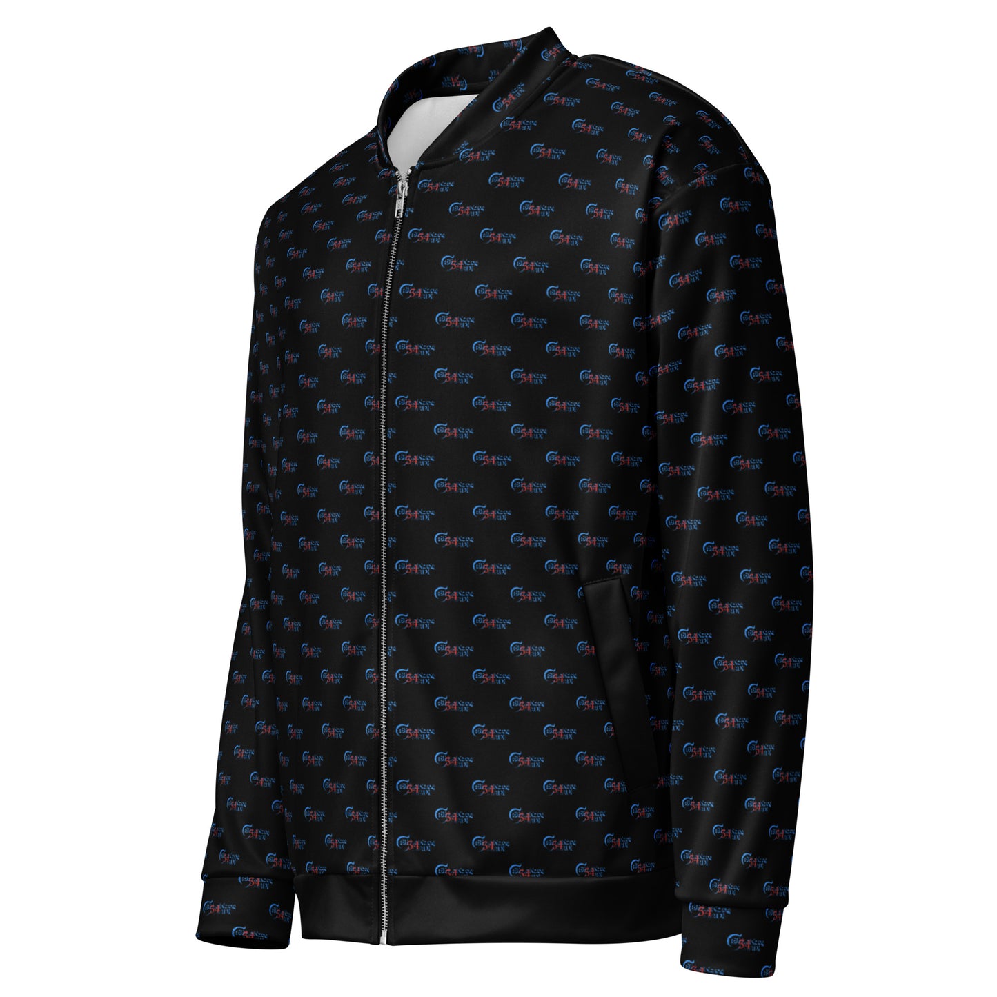 Melanin Made Unisex Bomber Jacket in black featuring an all-over subtle repeating pattern, zip front, ribbed cuffs, and side pockets, designed for stylish melanin fashion.