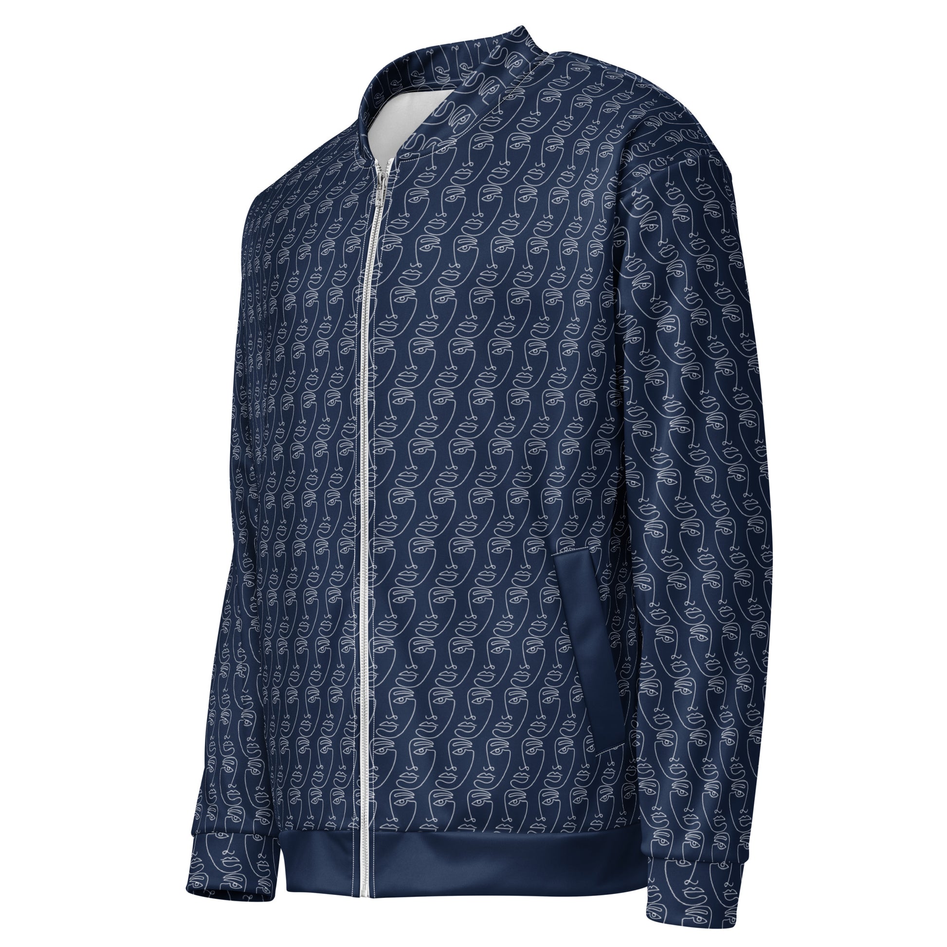 Ancestral Faces Unisex Bomber Jacket in navy blue with an all-over line art face pattern, featuring a front zipper and ribbed cuffs for a comfortable fit.