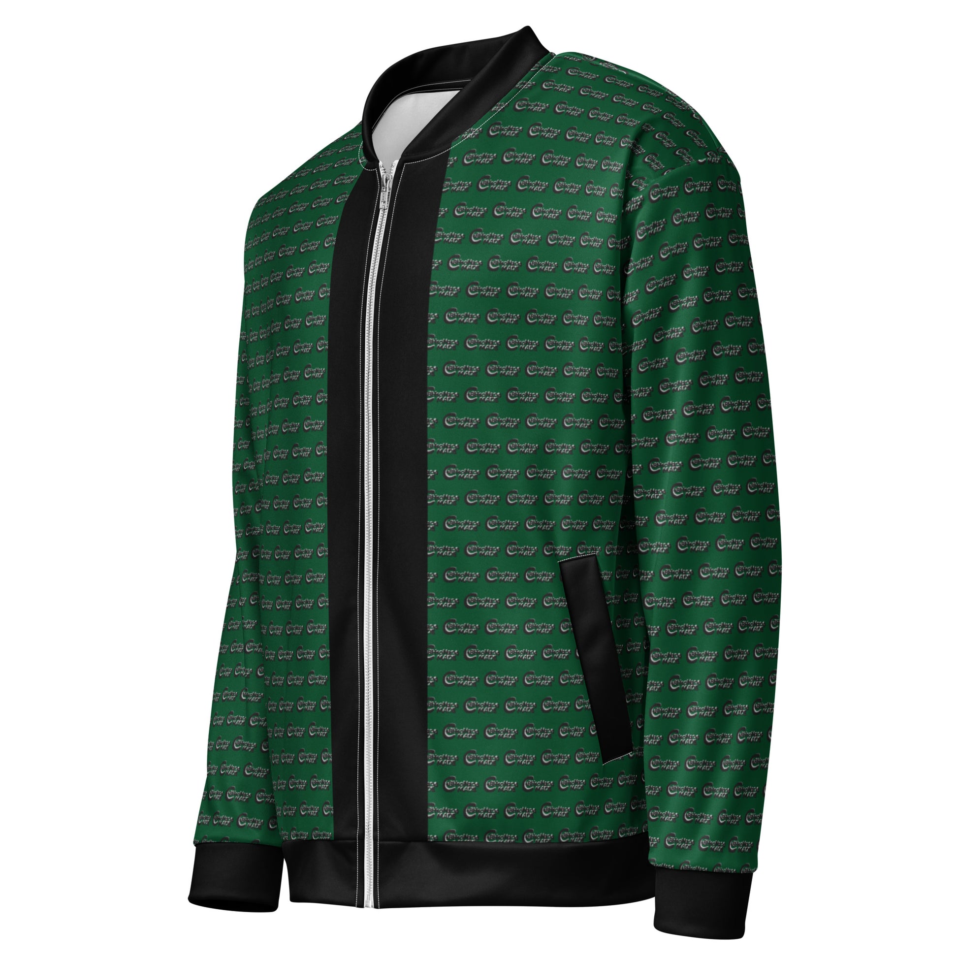 Green patterned bomber jacket with black collar, cuffs, and pockets featuring a subtle repeated design, styled as Melanin Made Green Unisex Bomber Jacket.
