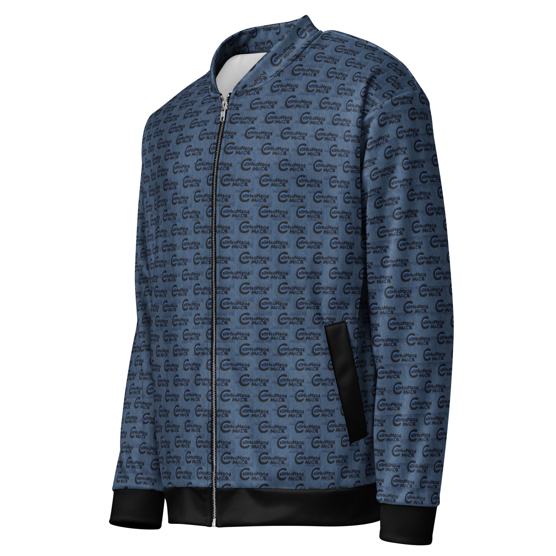 Melanin Made Steel Blue Unisex Bomber Jacket with all-over subtle black script pattern, black cuffs and hem, featuring a front zipper and side pockets, stylish and versatile apparel.